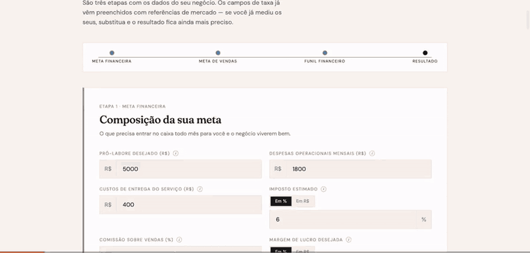 Calculadora do Lead ao Lucro sendo preenchida, da meta ao plano