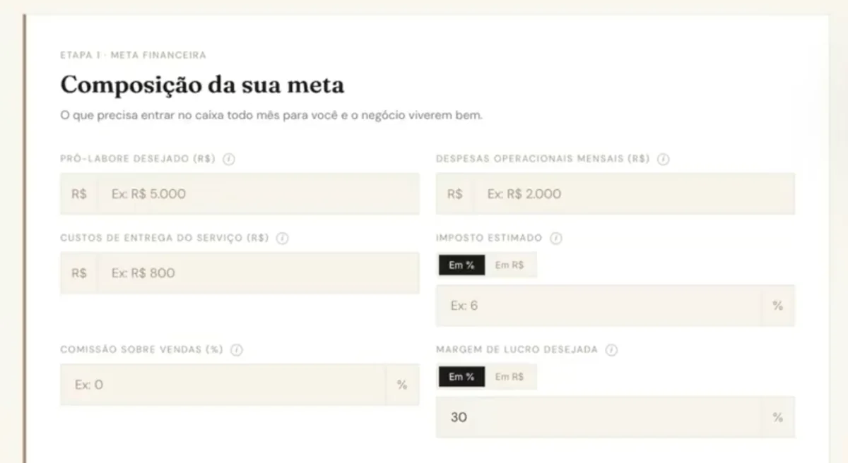 Tela de preenchimento da Calculadora do Lead ao Lucro